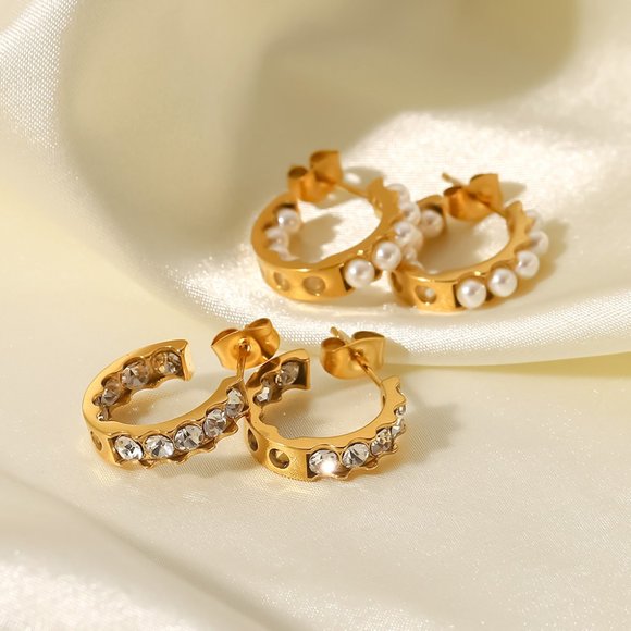 Inlaid Full Zircon CC Shape Huggie Hoop Earrings 18K Gold Plated Stainless Steel - Picture 7 of 8